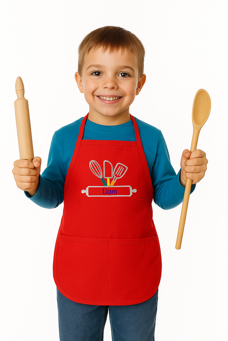 Personalized Kids Apron with Baking Design - Front Pockets - Boy & Girl - Cooking, Great Gift